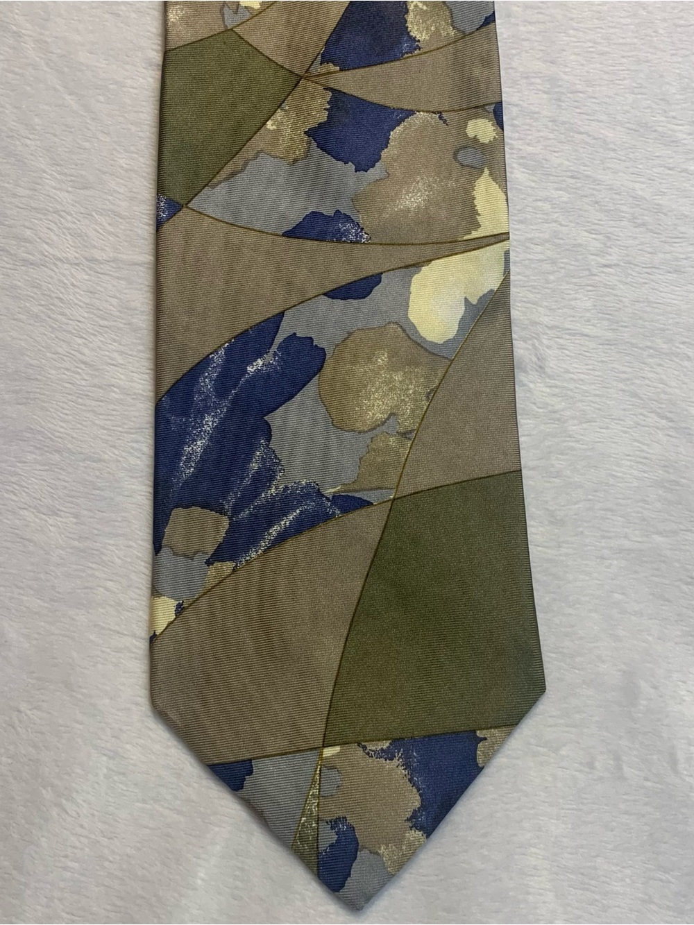 Enrico Guccini Italy 100% Silk Tie Vintage Abstract Geometric Olive Green Blue